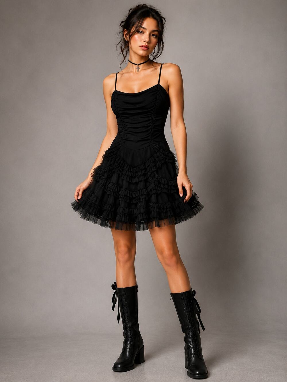 Masquerade Black Ruched Ruffle Tulle Party Dress Size 15/16 Gothic Coquette Prom